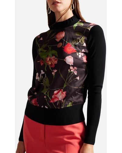 Ted Baker Frasiee Floral Satin And Jersey Sweater - Black
