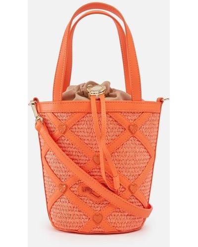 Love Moschino Borsa Studded Raffia And Faux Leather Bucket Bag - Orange