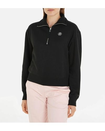 Tommy Hilfiger Cropped Cotton-blend Half-zip Sweatshirt - Black