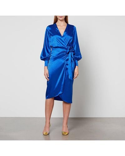 Never Fully Dressed Blue Jacquard Wrap Satin Midi Dress
