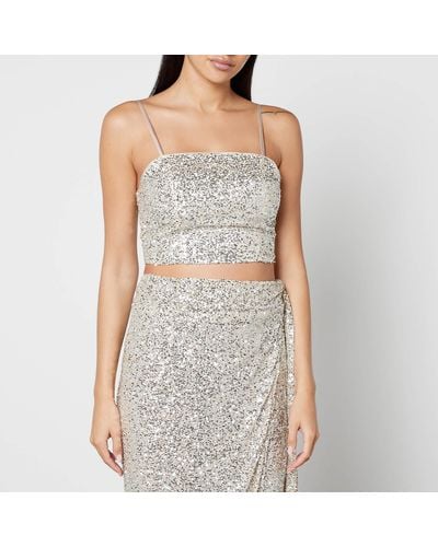 Never Fully Dressed Bustier Sequined Woven Crop Top - Grey