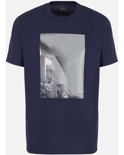 Armani Exchange Cityscape Printed Cotton-Jersey T-Shirt - Blau