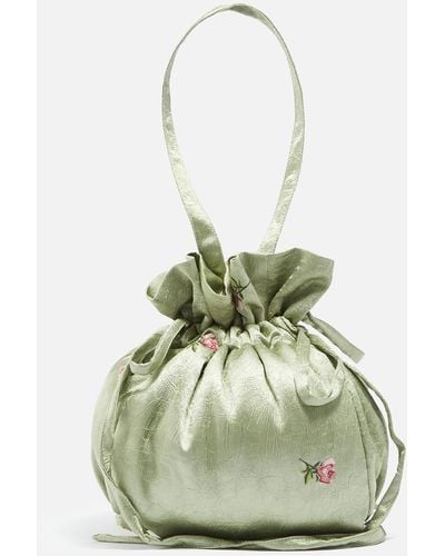 Damson Madder Rose Embroidery Cotton Satin Pouch Bag - Green