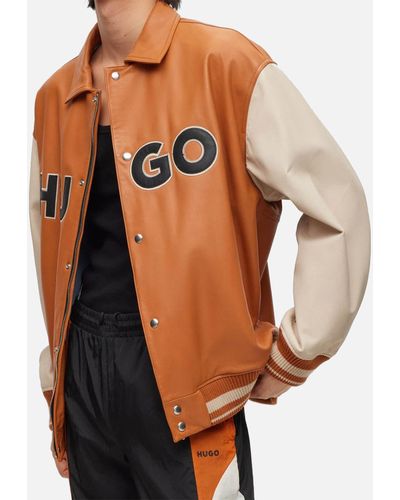 HUGO Luganos Colour-block Leather Letterman Jacket - Brown