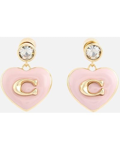 COACH Heart Drop Gold-plated Enamel And Crystal Earrings - Pink