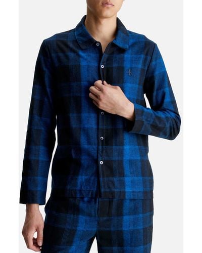 Calvin Klein Long Sleeved Cotton-flannel Pajama Shirt - Blue