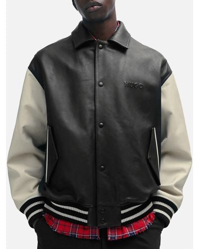 HUGO Logos Letterman Leather Jacket - Black
