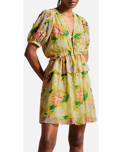Ted Baker Isbella Puff-sleeve Floral-print Woven Mini Dress - Yellow