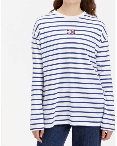 Tommy Hilfiger Over Badge Striped Cotton-jersey Top - Blue