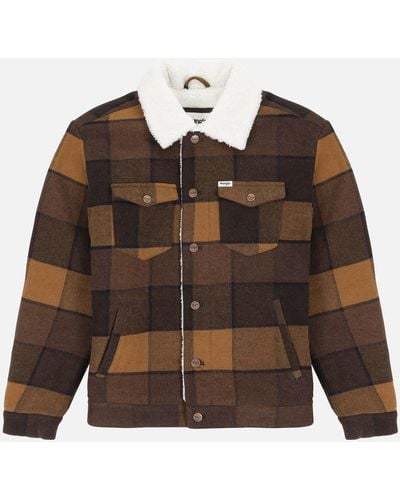 Wrangler Checked Brushed Twill Trucker Jacket - Brown
