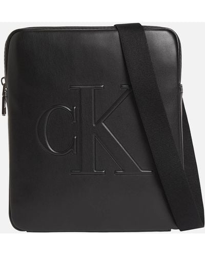 Calvin Klein Logo Faux Leather Messenger Bag - Black