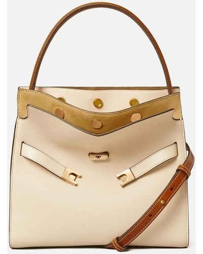 Tory Burch Lee Radziwill Leather And Suede Small Double Bag - Natural