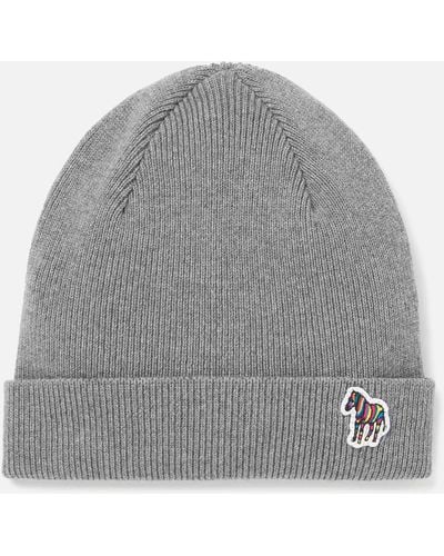 PS by Paul Smith 'zebra' Logo Ribbed Lambswool Beanie Hat - Gray