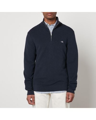 GANT Textured Cotton Half Zip Knitted Sweater - Blue