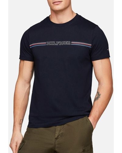 Tommy Hilfiger Striped Logo Cotton T-shirt - Blue