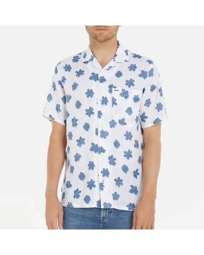 Tommy Hilfiger Mono Flower Short Sleeve Linen Shirt - Blue