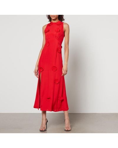 Hope & Ivy The Keely High Neck Rosette Maxi Dress With Thigh Split And Keyhole Back - Red