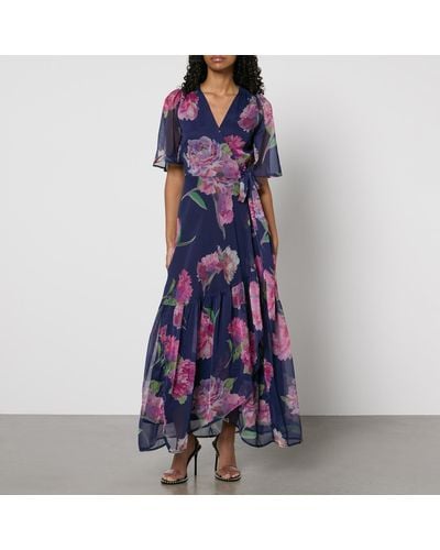 Hope & Ivy Ashia Floral-print Chiffon Wrap Maxi Dress - Blue