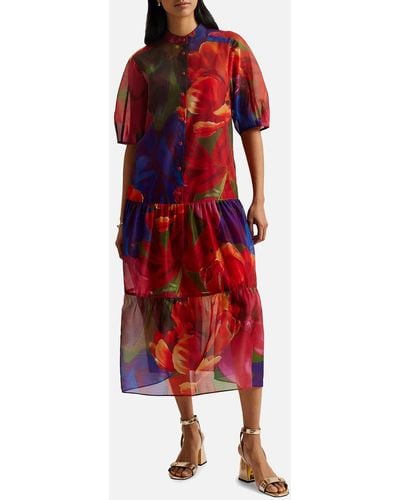 Ted Baker Miru Tropical Bloom Chiffon Midi Dress - Red