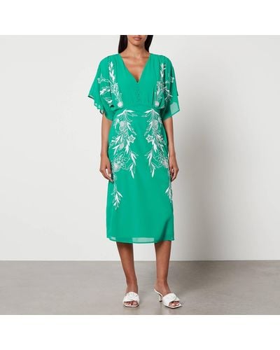 Hope & Ivy The Frances Embroidered Flutter Sleeve Plunge Neck Midi Dress - Green