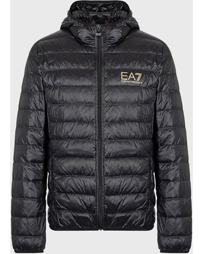 EA7 Gold Logo Full Zip Puffer Jacket - Black