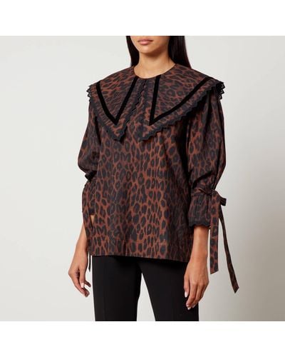 Damson Madder Candice Leopard-print Organic Cotton Blouse - Brown