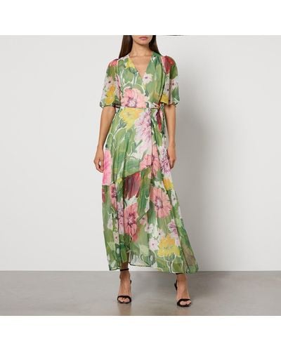 Hope & Ivy Amira Floral-print Chiffon Wrap Dress - Green