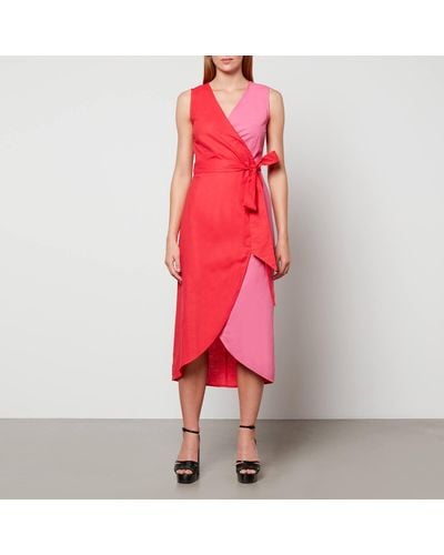 Never Fully Dressed Colour-blocked Linen-blend Wrap Midi Dress - Red