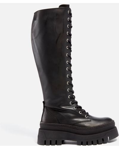 Steve Madden Carina Leather Lace Up Knee High Boots - Black