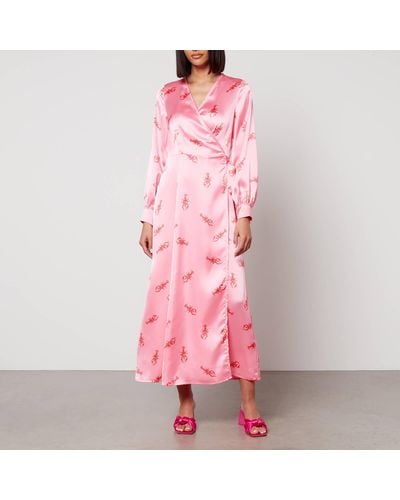 Never Fully Dressed Printed Satin Wrap Maxi Dress - Pink