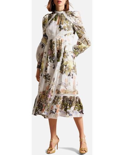 Ted Baker Maylily High-neck Floral-print Linen Midi Dress - Natural