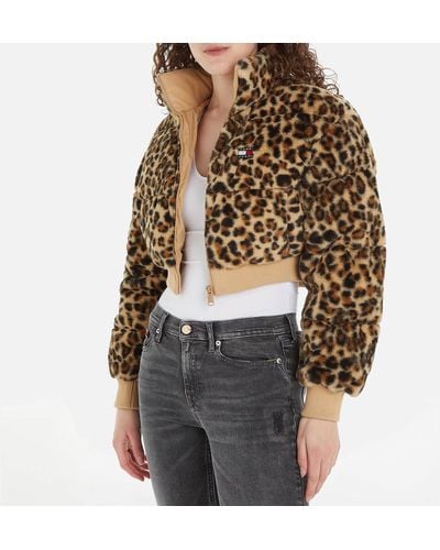 Tommy Hilfiger Leopard-print Faux Fur Cropped Puffer Jacket - Brown