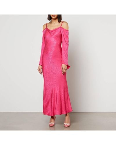 Never Fully Dressed Kiri Leopard Satin-jacquard Midi Dress - Pink
