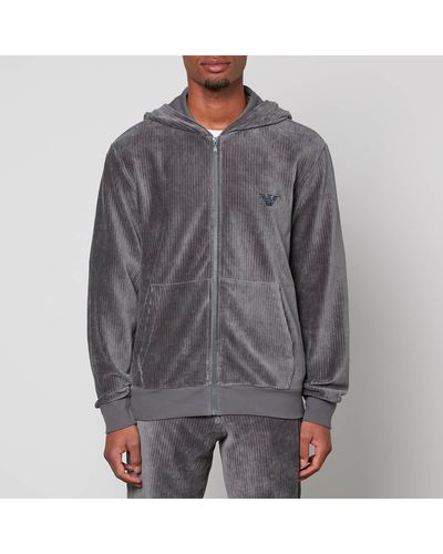 Emporio Armani Logo-embroidered Ribbed Chenille Hoodie - Grey