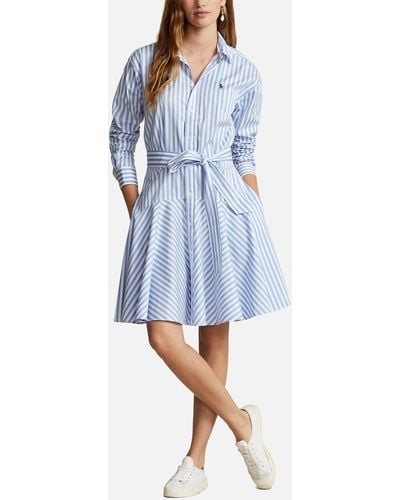 Polo Ralph Lauren Long Sleeve Striped Cotton-poplin Shirt Dress - Blue