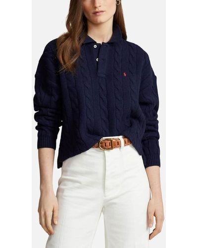 Polo Ralph Lauren Cable-knit Wool-blend Polo Sweater - Blue
