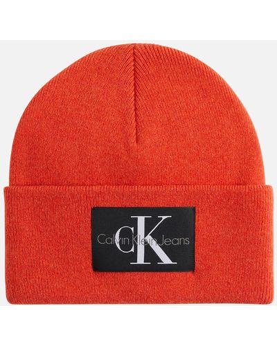 Calvin Klein Non-rib Logo-patched Rib-knitted Beanie - Red