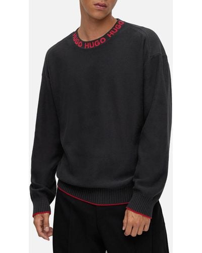 HUGO Smarlo Knitted Neck Cotton Logo Jumper - Black