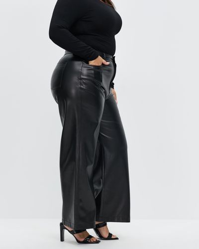 Atmos&Here Curvy Ciara Wide Leg Leather Look Trousers - Black