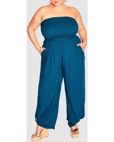 City Chic Smocked Jumpsuit - Blue