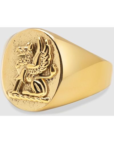 Nialaya Stainless Steel Lion Crest Ring With Plating - Metallic