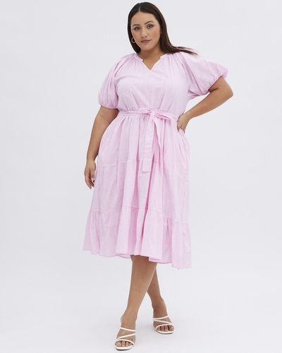 You & All Midi Dress Tiered Notch Collar Belted - Pink