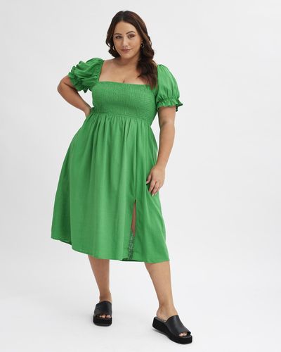 You & All Fern Shirred Short Sleeve Linen Blend Midi Dress - Green