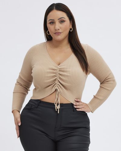 You & All Camel Knit Top V Neck Long Sleeve Front Ruched - Natural