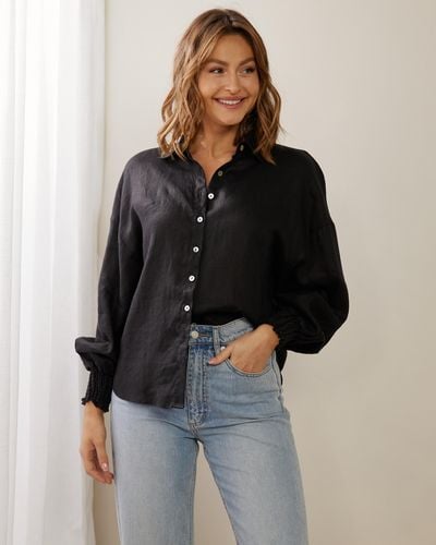 Atmos&Here Lanie Linen Shirred Shirt - Black