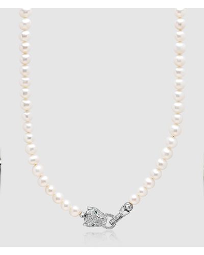 Nialaya Pearl Necklace With Silver Panther Head Lock - White