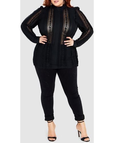 City Chic Panelled Lace Top - Black