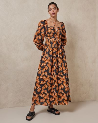 AERE Gathered Detail Long Sleeve Maxi Dress - Natural