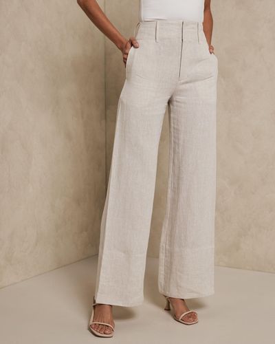 AERE Linen Wide Leg Trousers With Deep Waist Band - White