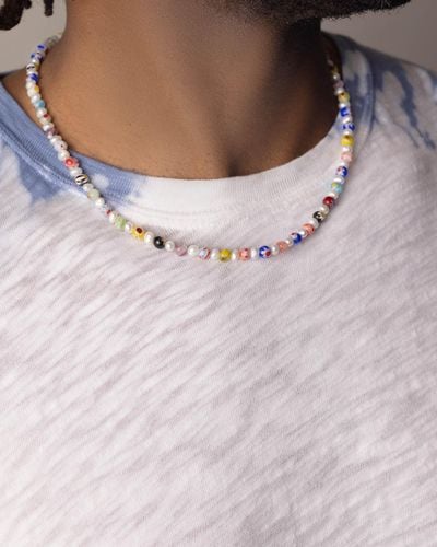 Nialaya Pearl Necklace With Hand Painted Glass Beads - White